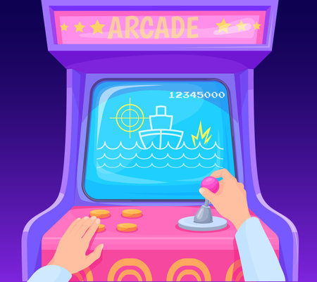 Hands playing arcade machine. Gamer hand play in retro video game on joystick, cartoon computer gaming 80s 1990s pixel screen of slot machines controller, neat vector illustrationのイラスト素材