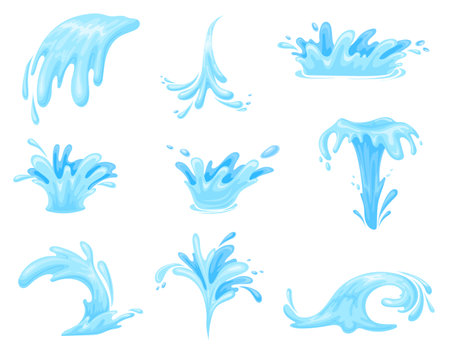 Cartoon water jets. Fontains or waterfalls falling streams, 2d liquid splashing fx ocean wave effect, watered splatter flow drop stream splash for game, neat vector illustrationのイラスト素材