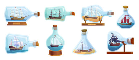 Sailboats in bottles. Miniature models marine ships inside glass bottle with sea water or sand, craft sail boat toy in jar cork for touristのイラスト素材