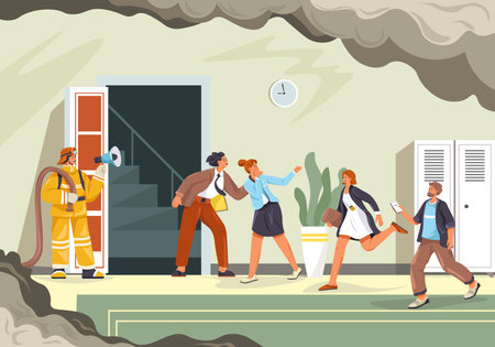 People evacuation. Fire evacuating employees to safety emergency escape, evacuate instruction plan employee leaving office building run in doorway exit, recent vector illustrationのイラスト素材