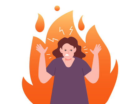 Rage girl. Furious crazy woman in fire outburst, angry scream adolescent puberty trouble mad yell teenager face profile anger expressing frustrated lady scream vector illustrationのイラスト素材