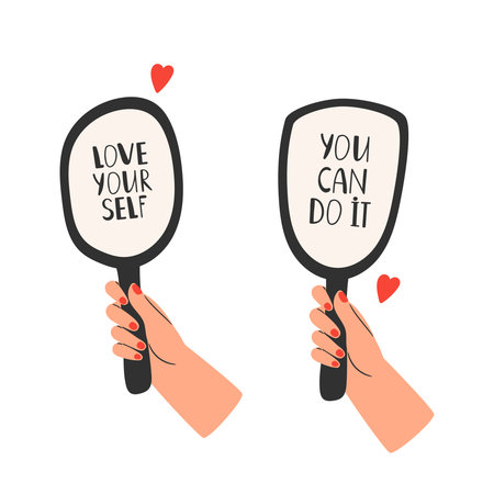 Self acceptance concept, love yourself. Self esteem vector illustration.Happy mans hand holding a mirrorのイラスト素材