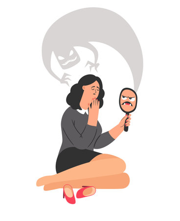 Young woman sees a terrible reflection of low self-esteem in the mirror. Upset sad person holding a mirror in the hand. Lack of self-love, dysmorphophobiaのイラスト素材
