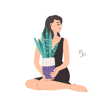 Zodiac sign Capricorn, beautiful woman with Sansevieria houseplant, horoscope astrology symbolのイラスト素材