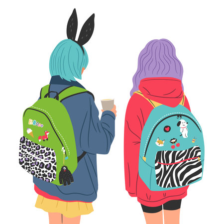 Two young girls with colorful fashionable backpacksのイラスト素材