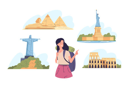 Girl sightseeing. Tourist woman with backpack planning travel visit on historical places, backpacker character adventure tour, tourism travelling plan concept vector illustrationのイラスト素材