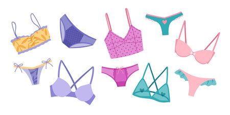 Collection of elegant female underwear. Trendy lingerie set, bra, pantie, bikini. Colorful collection of undergarments vector illustrationのイラスト素材
