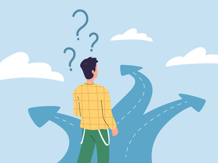 Path select. Decisive or uncertain businessman with questions choosing way direction of future career scenario, alternative paths choice on crossroad concept vector illustrationのイラスト素材