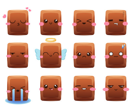 Chocolate emoji. Cute chocolates bar pieces with kawaii children face, funny cartoon choco cube character cocoa food happy different expressions mascot, garish vector illustrationのイラスト素材