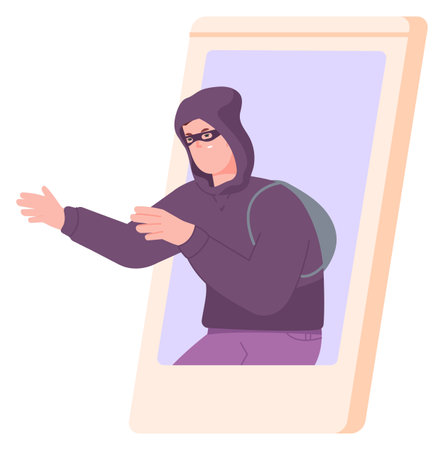 Criminal hacker reach out from smartphone screen. Cyber threatのイラスト素材