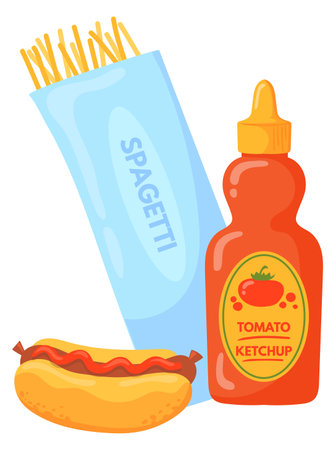 Ketchup tomato sauce for spaghetti and hot dog. Cartoon foodのイラスト素材