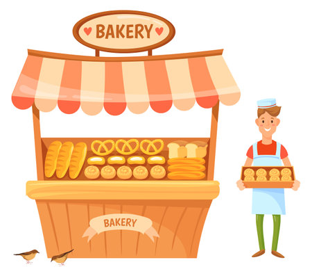 Cartoon bakery stall. Bread retail food marketのイラスト素材