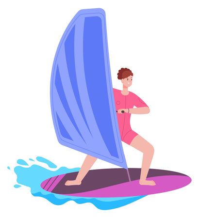 Woman windsurfing. Female surfer stand on board and ride waveのイラスト素材