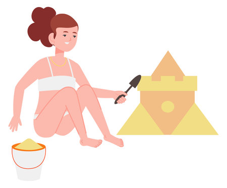 Girl building sandcastle. Kid play beach gameのイラスト素材