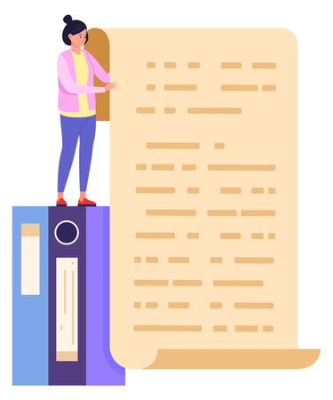 Woman hold big paper document scroll. Report iconのイラスト素材