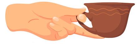Ceramic mug in hand. Cartoon hot drink cupのイラスト素材