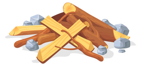 Firewood pile and stones. Cartoon campfire timber iconのイラスト素材