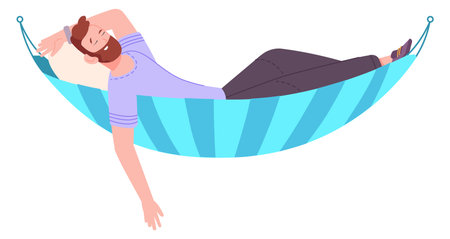 Relaxed man in fabric swing. Guy sleep in hammockのイラスト素材