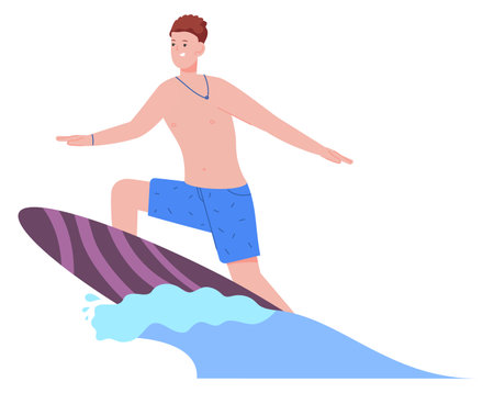 Young man riding wave on surfing board. Summer water sportのイラスト素材
