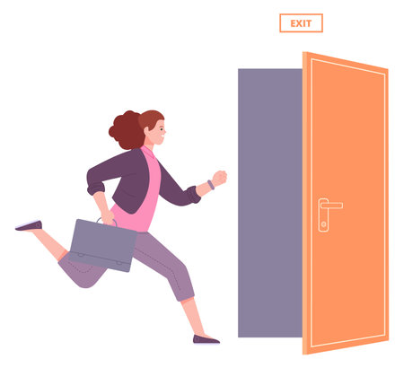 Young woman running with briefcase to exit doorのイラスト素材