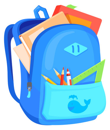 Backpack with school supplies. Student bag cartoon iconのイラスト素材