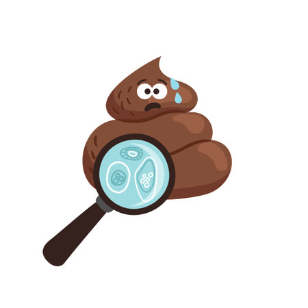 Cartoon vector illustration with cute turd and loupe. The poop character being observed with a magnifying glassのイラスト素材