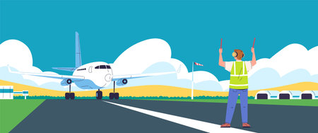 Marshaller on runway. Aviation marshallers supervisors signaling near airplane for safety landing airport ground, flight controller job aircraft signal, classy vector illustrationのイラスト素材