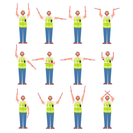 Marshaller signals. Aircraft marshalling hand signal for safety landing airplane or helicopter, man signaler on runway airport plane traffic controller, classy vector illustrationのイラスト素材