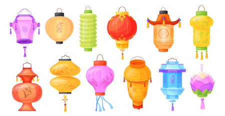 Asian hanging lanterns. Chinese lantern traditional street ornament for festivals new year, oriental paper red lamps chinatown korean japan decor cartoon neat vector illustrationのイラスト素材