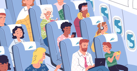 People aboard airplane. Passengers traveling in plane economy class, family inside aircraft cabin, man with laptop sleep listen music or watching window, classy vector illustrationのイラスト素材