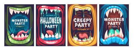 Monster mouths posters. Crazy monsters open mouth typography flyer frame for halloween night party banner, scary creature animal teeth and tongue, horror classy vector illustrationのイラスト素材