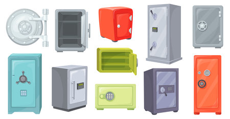 Cartoon metal safes. Iron strongbox, metallic safe boxes and bank vault door for secure deposit cash treasure or gun storage, compact or large gate lockers neat vector illustrationのイラスト素材