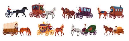 Horse vehicles. Ancient trip wagon victorian carriage, wagoneer chariot or working rustic horses cart, wedding royal stagecoach old historic vehicle, ingenious vector illustrationのイラスト素材