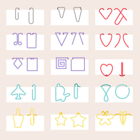Colorful Paper clip icons set on white paper. Office paper clips in different formsのイラスト素材
