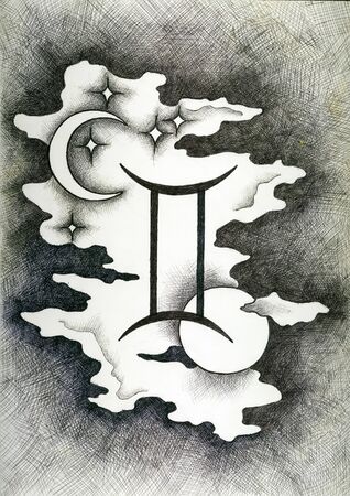 The zodiac signs Gemini.Hand drawn with ink brush. Vector illustration.のイラスト素材