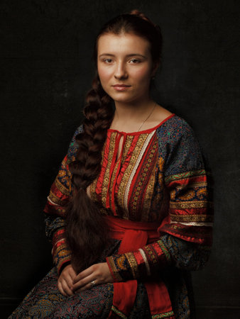 girl with long hair in a Russian national costume