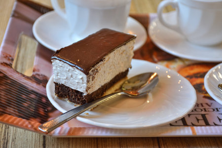 Volga cake on a plate with a spoon, whipped cream cake with chocolate icing, closeup cake