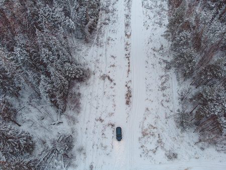 top view of the road among the winter forest, winter roadの写真素材