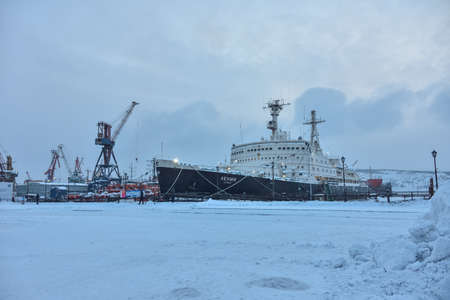 Murmansk, Russia - March 7, 2021: docked atomic icebreaker Lenin in winter in Murmanskのeditorial素材