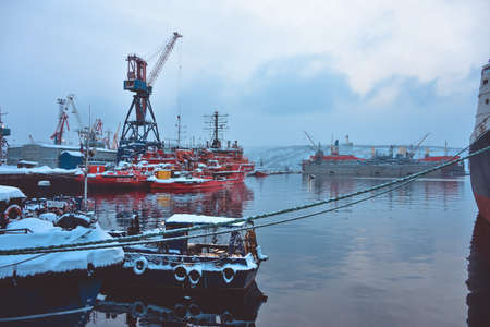 Murmansk, Russia - March 7, 2021: ships at docks in winterのeditorial素材