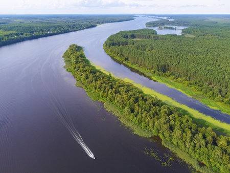 Flight over the river, river in the forest from a bird eye view, top viewの写真素材