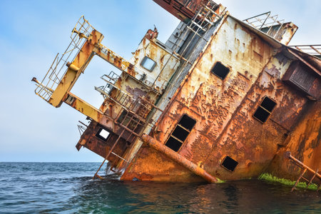 sunken ship, grounded transport ship, rusty skeleton of ship