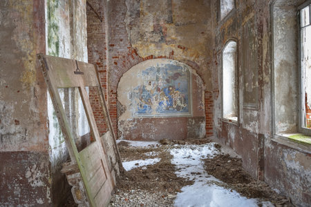 the interior of an abandoned temple, the interior of an abandoned buildingの写真素材