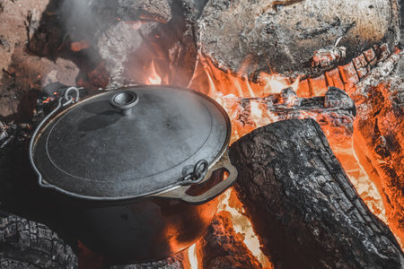 food is cooked in a pot on a fire, cooking on a fireの写真素材