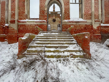 windows and stairs of an abandoned church, Old abandoned church interior, ruined abandoned templeの写真素材