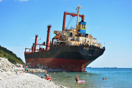 Krasnodar region, Russia - August 07, 2022: The stranded bulk carrier Rio, abandoned cargo shipのeditorial素材