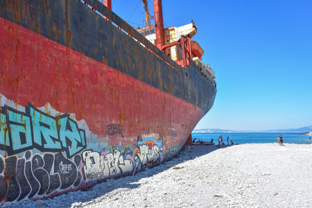 Krasnodar region, Russia - August 07, 2022: The stranded bulk carrier Rio, abandoned cargo shipのeditorial素材