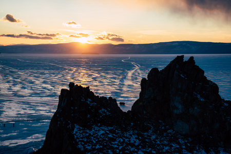 Beautiful winter sunset over Lake Baikal, Siberia, Russia