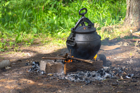 Black pot with a metal handle is sitting on a pile of wood. The pot is filled with water and is being heated over a fireの写真素材