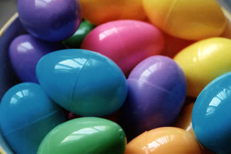 Group of multicolor plastic Easter eggs.の写真素材